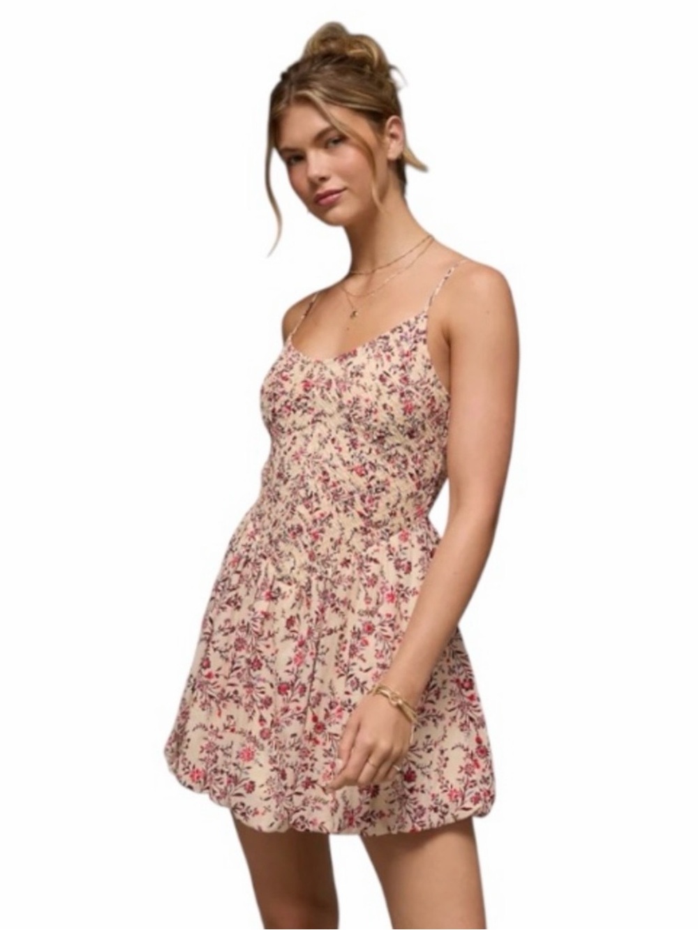 American Eagle Bella Cream Floral Smocked Bubble Hem Dress Size Medium.